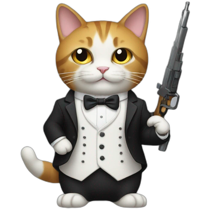 A full-length cat in a tuxedo, holding a weapon in its paws emoji