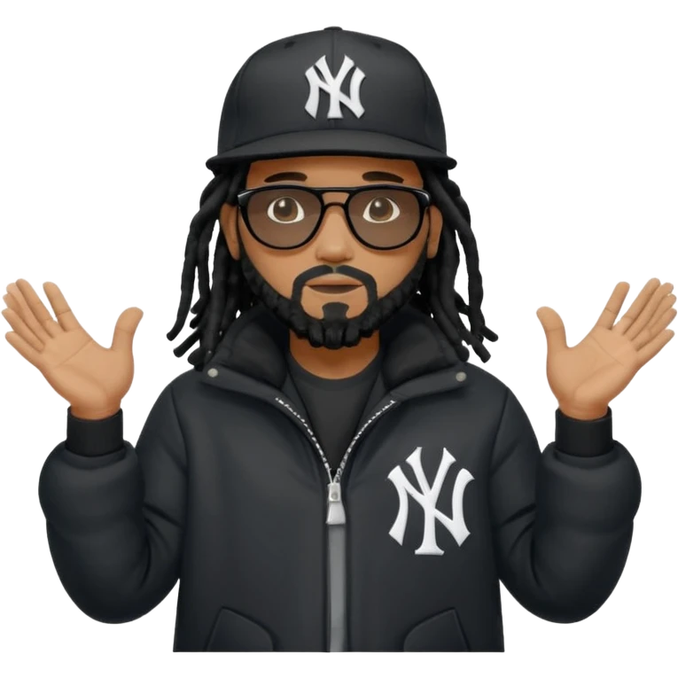 African American man with shoulder length black dreadlocks with black beard wearing black sunglasses wearing a black New York Yankees logo baseball cap wearing a black bubble winter coat with hands out with both palms facing down emoji