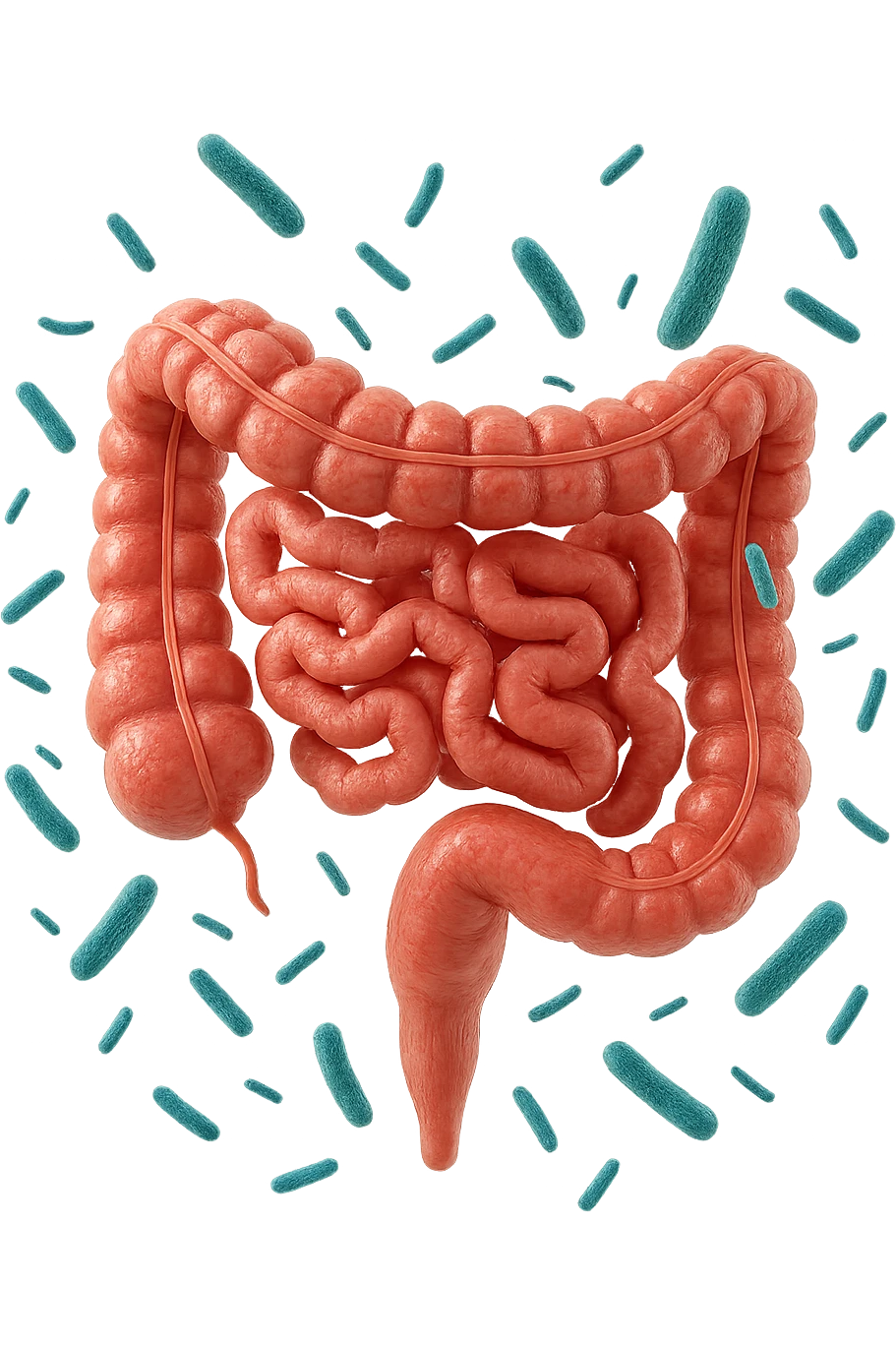 intestino umano anatomico con qualche batterio intestinale che gli fluttua intorno, ISOLATO SU SFONDO BIANCO emoji