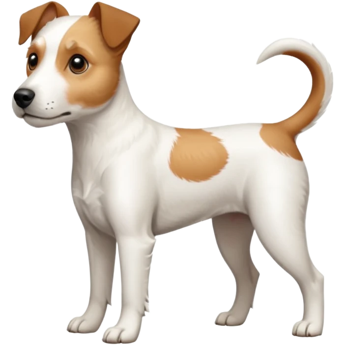 a full body white parson russell looking dog the size of a kelpie with light brown ears and a light brown patch on one eye and a large snout emoji