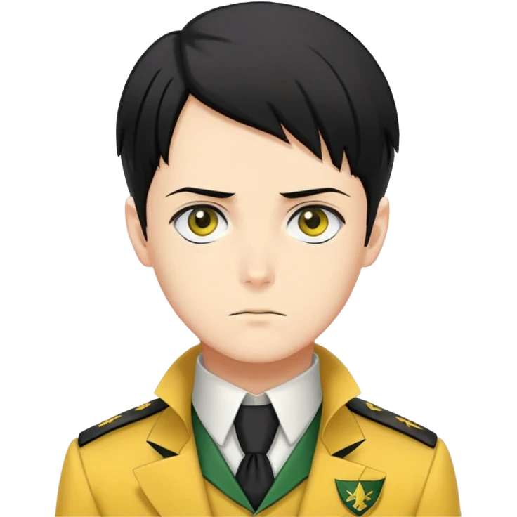Levi Ackerman with black undercut hair, stern expression, wearing yellow uniform instead of green, with white cravat emoji