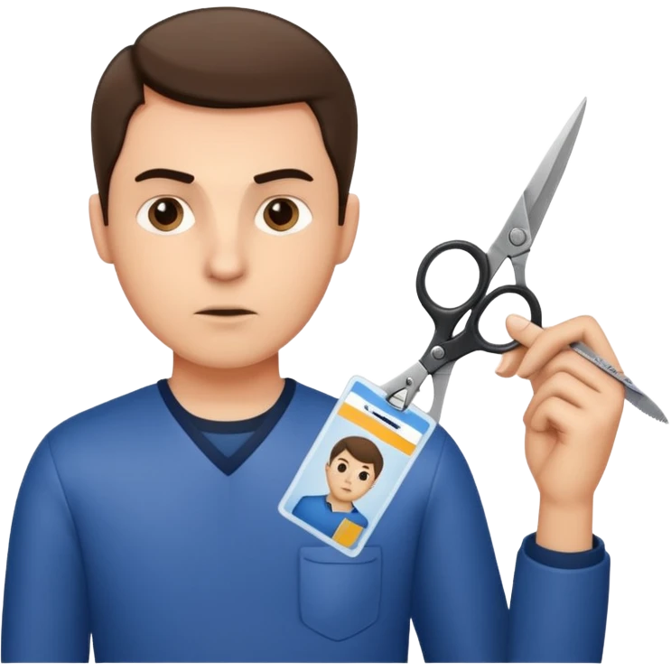 Scissors cutting man ID card in 2 parts. Realistic emoji