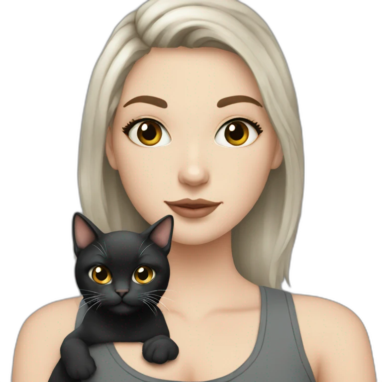 White Girl with tattoos holding a fat gray cat and a black cat emoji