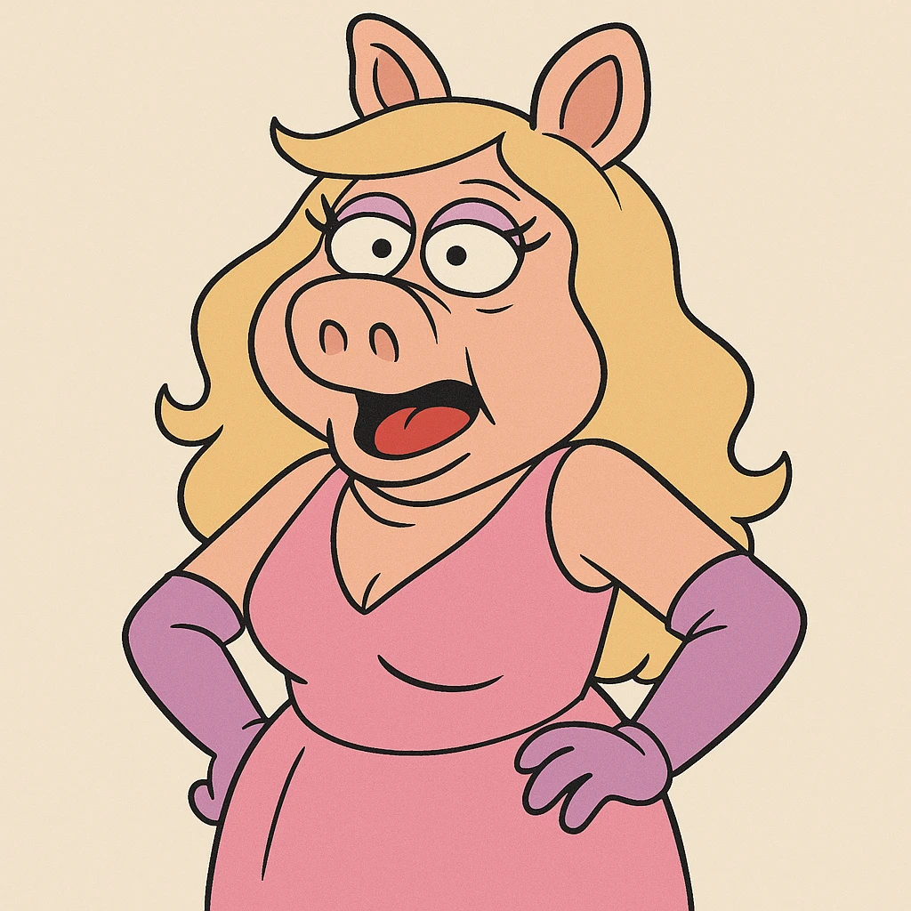 Miss Piggy with cross eyes, cartoon style, pink dress, exaggerated features emoji