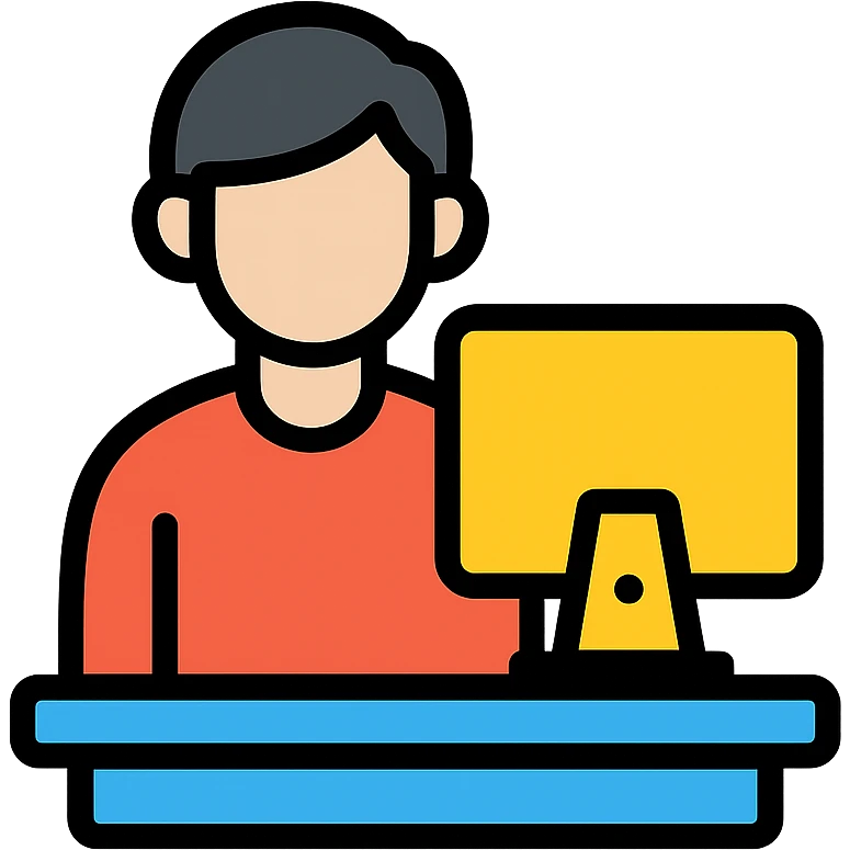 a person at a desk with a computer, representing a designer, colorful lineal icon with black outlines emoji