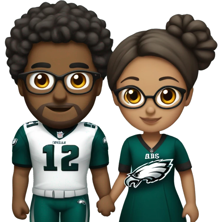 Brown guy and brown girl with glasses and hair in a bun in Philadelphia eagles clothes holding hands emoji