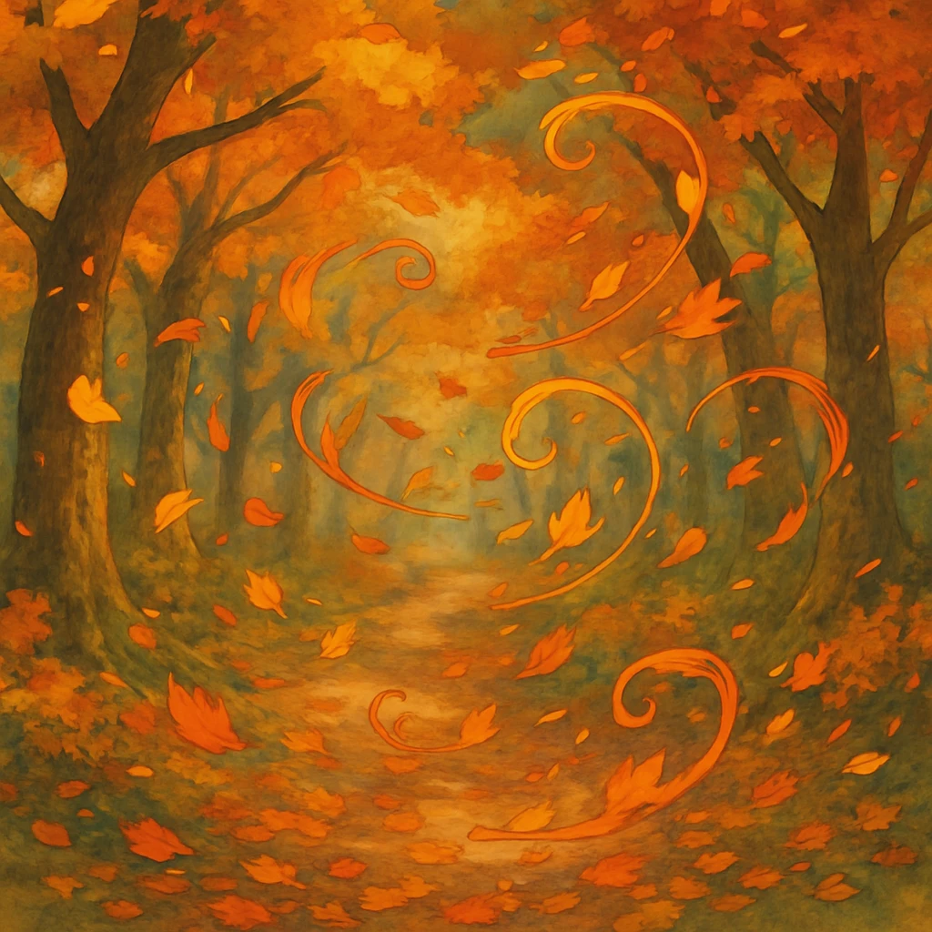 magical autumn forest with swirling colorful leaves emoji