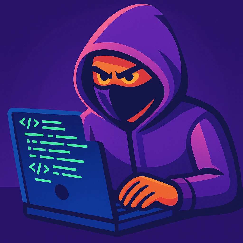 Show the purple-themed hacker actively coding on a laptop, with glowing code on the screen, keep the digital vibrant toon style emoji