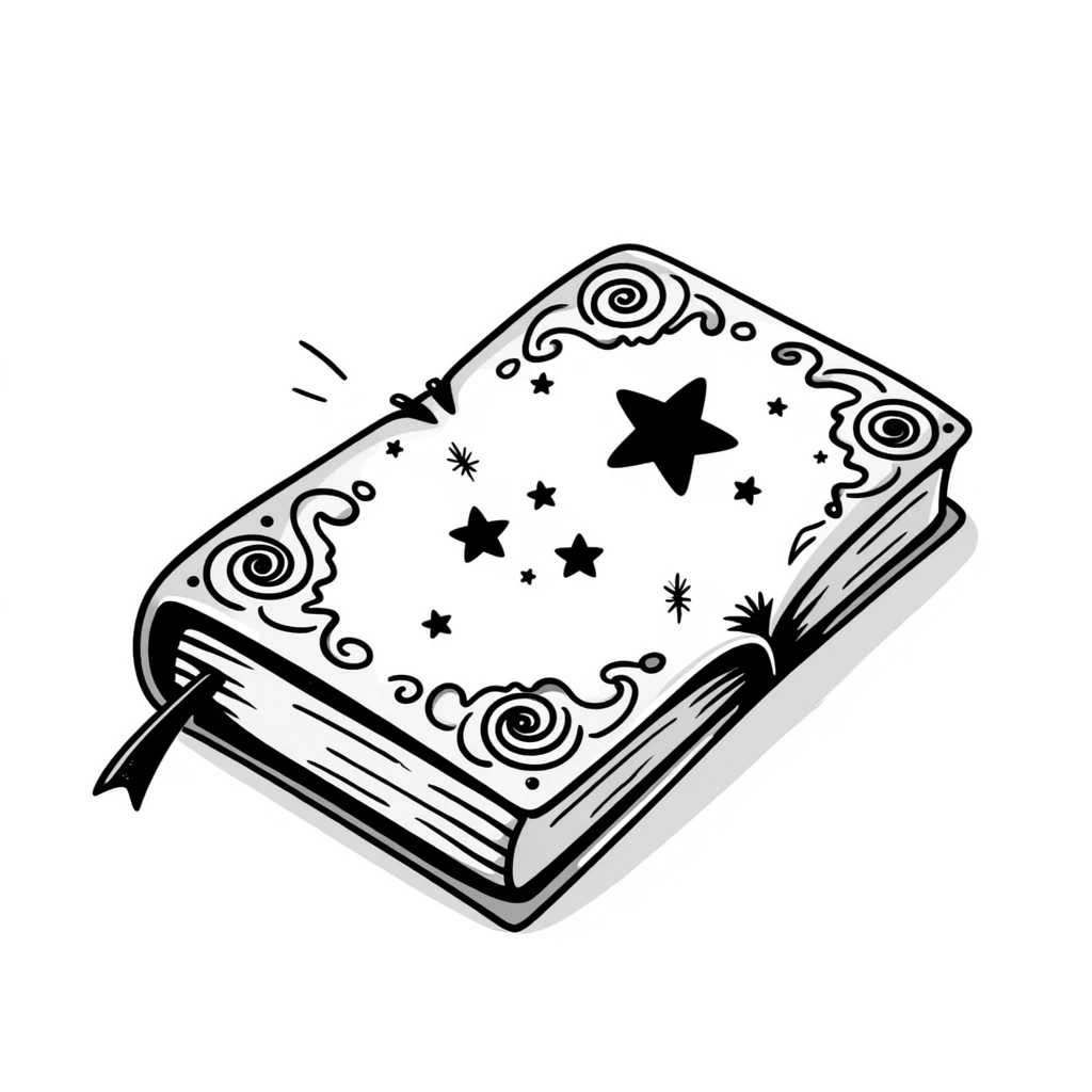 Магическая закрытая книга  — декоративная обложка звёздами и алхимическими знаками. Обложка украшена винтажными завитками,  таинственным сиянием. emoji