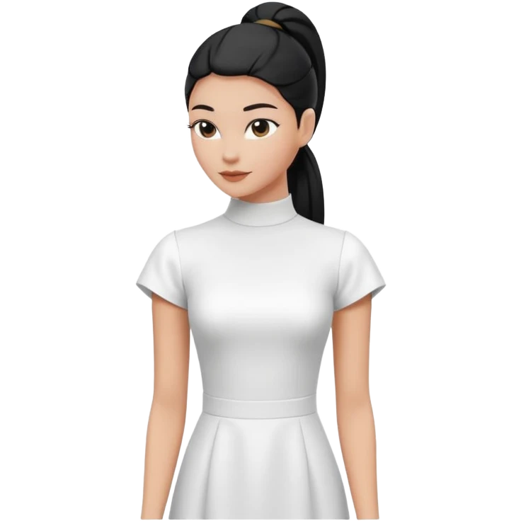 black sleek ponytail hairstyle on invisible mannequin, white dress and white sleeves, minimal clean design emoji