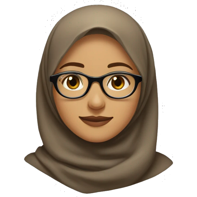 The image depicts a young woman wearing a light brown hijab and clear, round glasses. She is smiling softly, with a natural expression on her face. She is wearing a black outer garment,  emoji