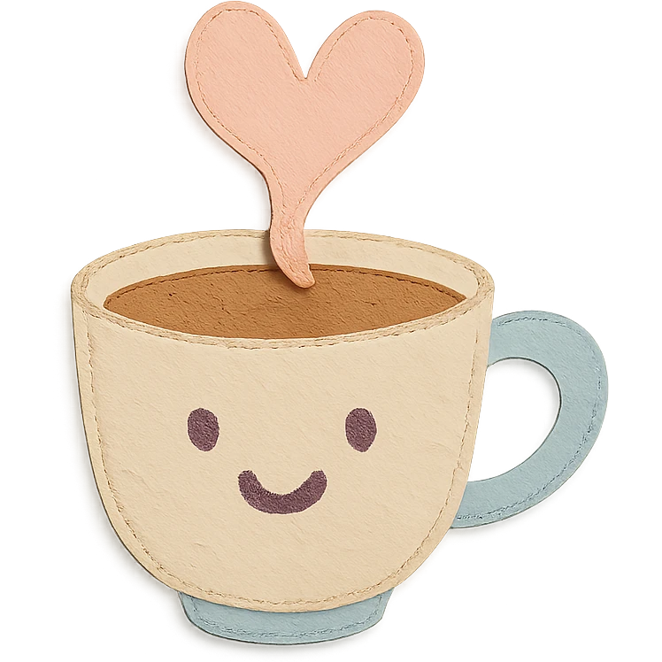 coffee cup with cute heart-shaped steam, smiling face, soft pastel hand-drawn style emoji