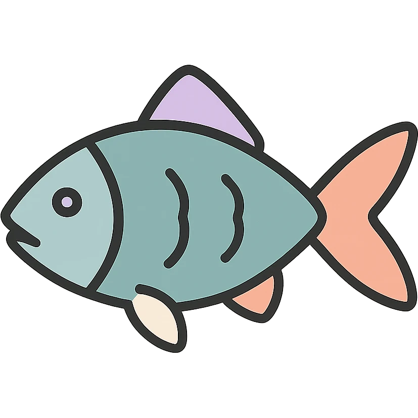ordinary fish, very detailed and finely drawn, thin clean contours, soft rounded shapes, pastel palette #98B5BC, #B5B3C1, #C9A3C9, #E4C0CA, #F7DCD1, #F7C0AA, complex shadows and highlights, soft lighting, transparent background, minimalism, not cute, no decoration, no eastern elements emoji