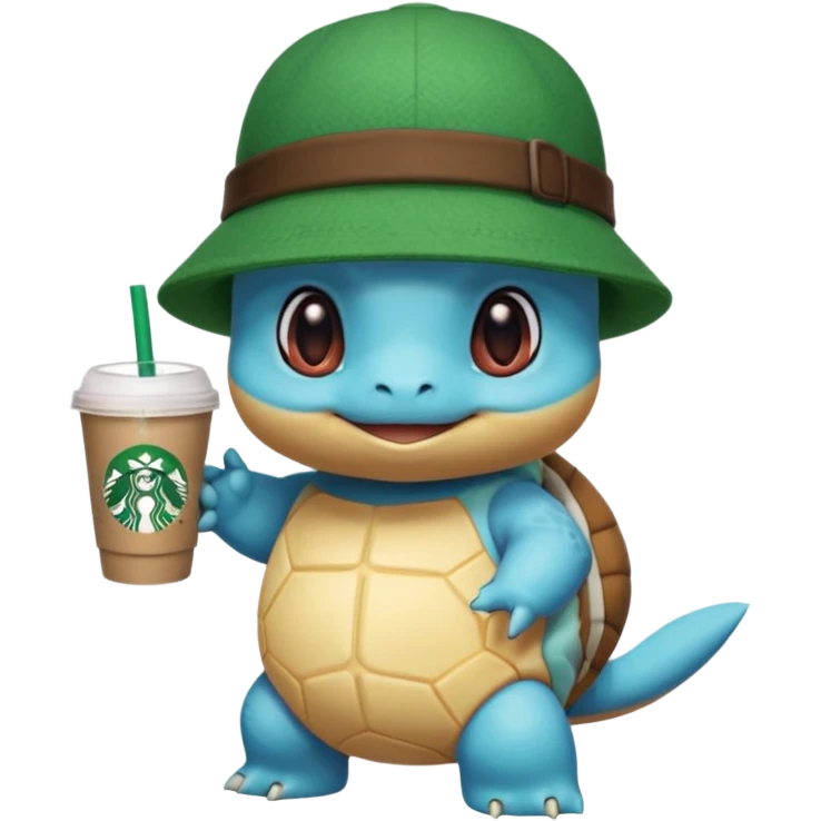 Squirtle with a Starbucks cup and a green hat with a Starbucks logo on it emoji