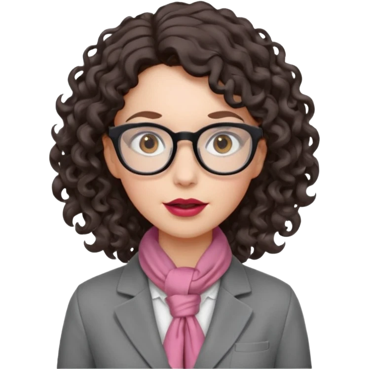 A crazy female scientist, with curly-wavy dark brown hair, brown eyes and light grey glasses and pale skin and pinkish lips, dressed to look like an english teacher but in neutral tones like grey black white, maybe with the pop of dark red emoji