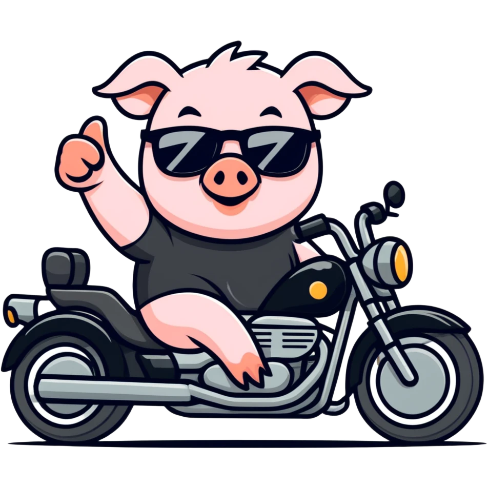Pig wearing black t-shirt and sunglasses riding a black motorcycle giving a thumbs-up emoji