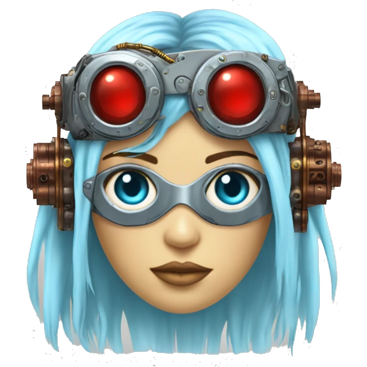 Light blue long hair female cyborg head with red steampunk goggles and circuits emoji