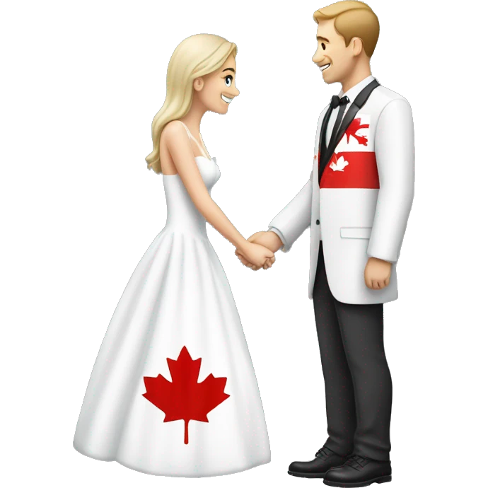 man wearing canadian flag shirt proposing to woman wearing a wedding dress emoji