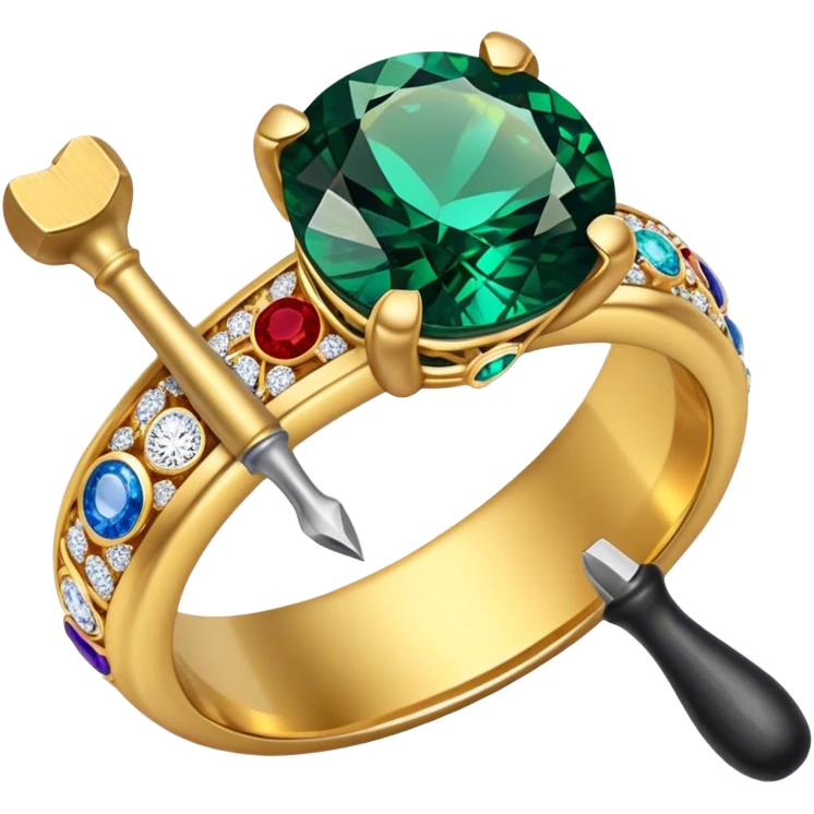Create a bright and eye-catching emoji symbolizing jewelry craftsmanship and the art of making jewelry. Include a sparkling gemstone, a delicate ring, and tools like a hammer or chisel. The design should be elegant, with fine details and a luxurious feel, representing the precision and artistry of jewelry making. Use vivid colors like gold, silver, and deep jewel tones for the gemstone. Ensure the icon has a transparent background. emoji