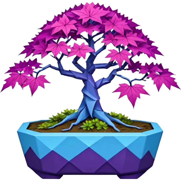 Futuristic alien maples Bonsai hair-fine-leaf group crimson crystal azalea purple and cream blue forest planting in shallow origami style pot  emoji