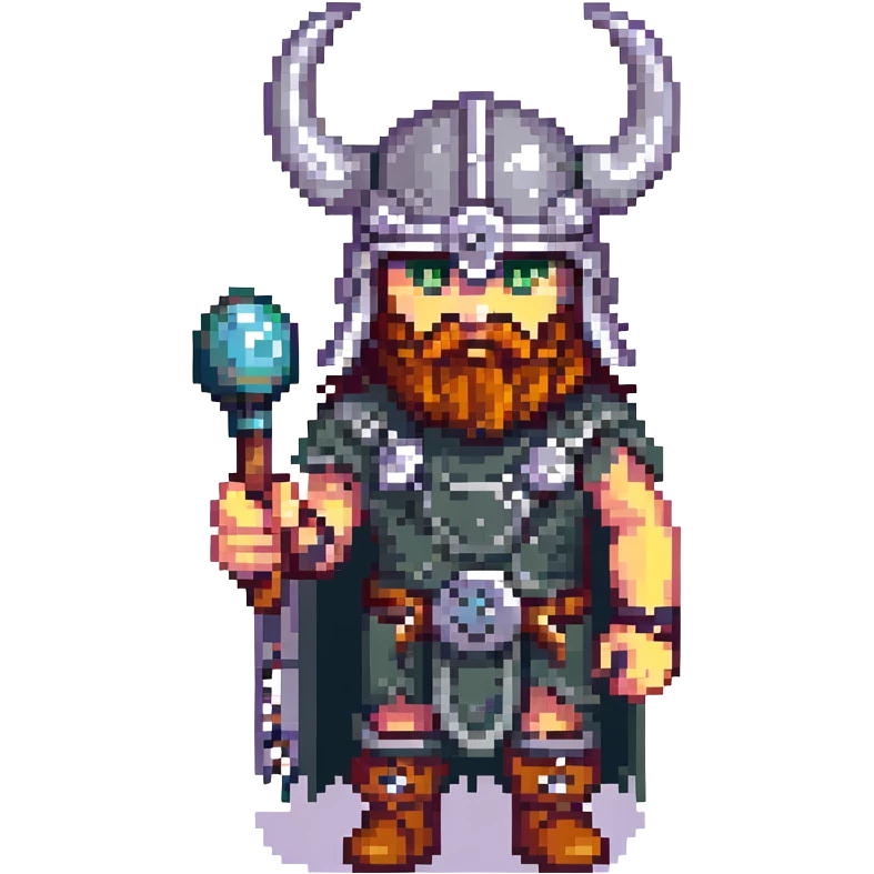 viking gamer, pixel art style, horned helmet, holding a joystick, retro vibe emoji