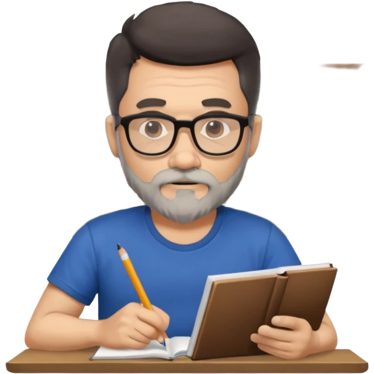 A man with a large gray beard, dark hair, wearing a t-shirt and glasses, studying. emoji
