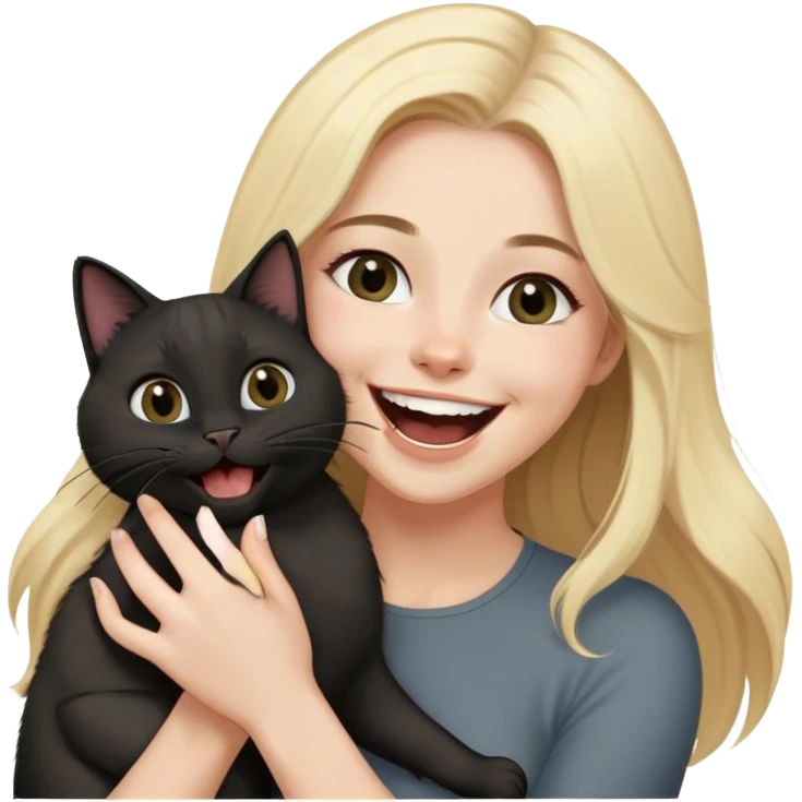 
Blonde with grey eyes and long hair lifts a black British cat above her and laughs emoji