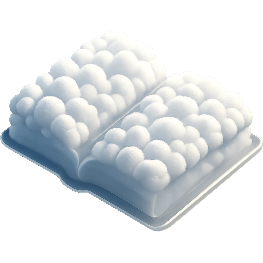 thick open book viewed from above, made entirely of small very bright white fluffy convex clouds, matte glass style, focus on volume and airiness, no background emoji