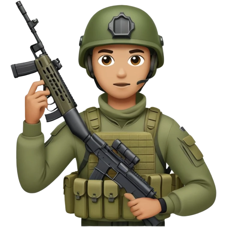 Male high school student with tactical gear in ranger green while holding a m4 in IOS style emoji emoji