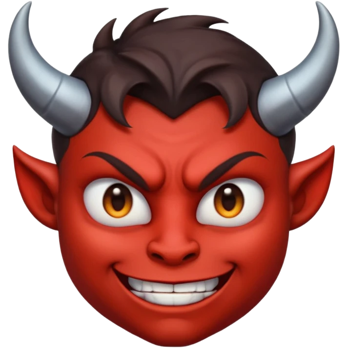 Demon cartoon emoji character, head and shoulders included (chest-up crop), centered face, confident and edgy expression, sharp eyes, subtle smirk, small curved horns, clean stylized face, not cute, not scary, modern emoji-style illustration, bold colors, smooth shading, high readability emoji