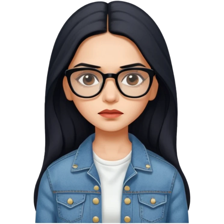 generate a pretty bratz emoji 
Make her wear a white dress with a denim jacket over it.long  black hair in a side part 

She should look exactly  like Deepika padukone! wearing tiny rectangular spectacle, looking sad emoji