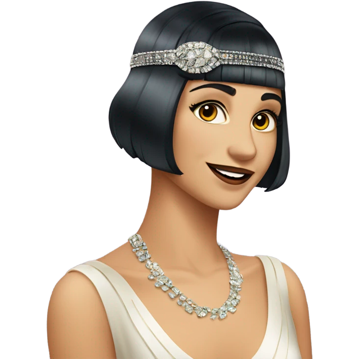 Feminine flapper jeweled style flapper headband short dark wave hair long eyelashes expression is she is smirking smiling emoji