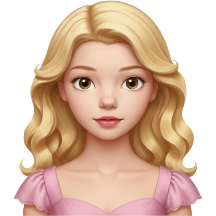 Cinematic Realistic Anya Taylor Joy Portrait, depicted with lifelike skin texture, subtle rosy undertones, and soft natural lighting that enhances the gentle contours of her face. Her intricately detailed golden blonde hair is elegantly wavy, and pink dress corquette emoji
