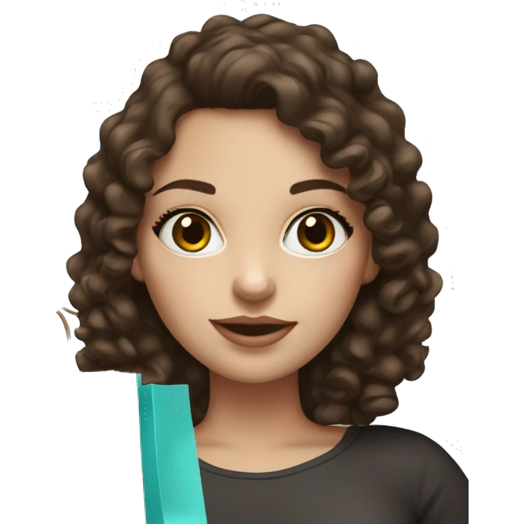 White skinned girl with dark brown curly hair and long lashes with shopping bag emoji