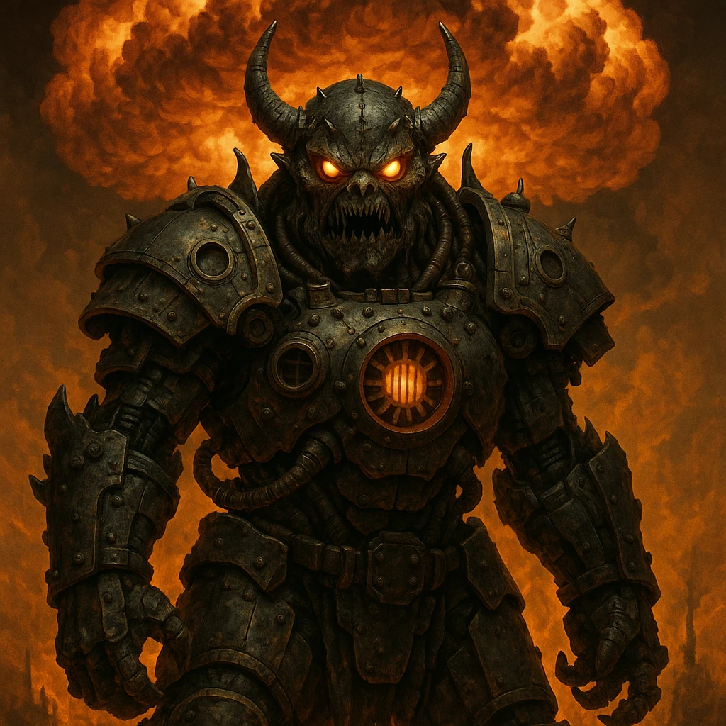 monstrous boss with armor made of nuclear reactor parts, glowing eyes, background of a mushroom cloud emoji