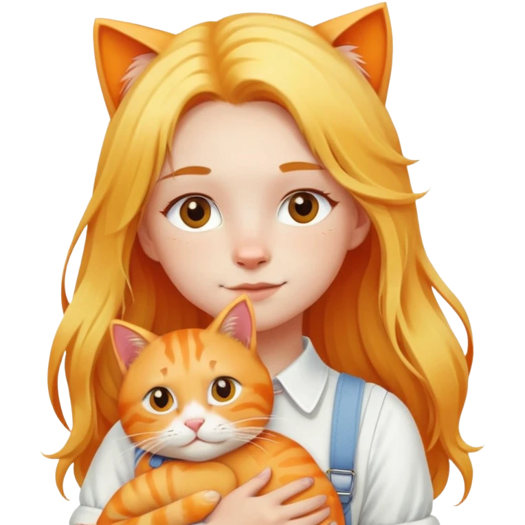 Caucasian girl - long yellow hair - white suspenders - hugging - a orange cat emoji
