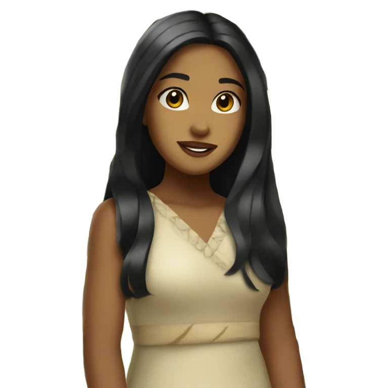 Brown Island girl with long black hair and a plumeria flower emoji