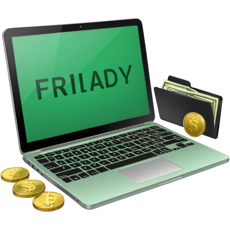 green laptop with black friday deals with coins and money tab open on it with Black Friday wrote emoji