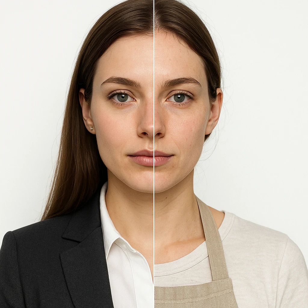 4K hyper realistic split-image: beautiful woman, left side with subtle office makeup and attire, right side natural, homemaker apron, white background, strong contrast, symmetrical. emoji