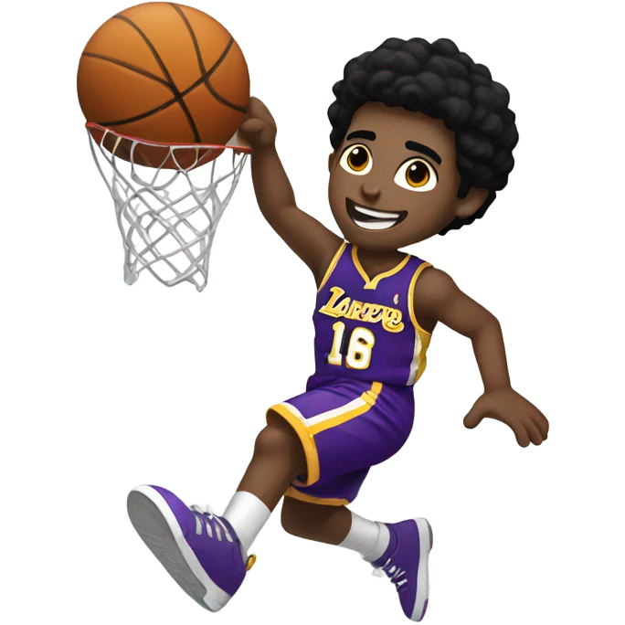 smiling boy with black hair dunking in Lakers uniform  emoji