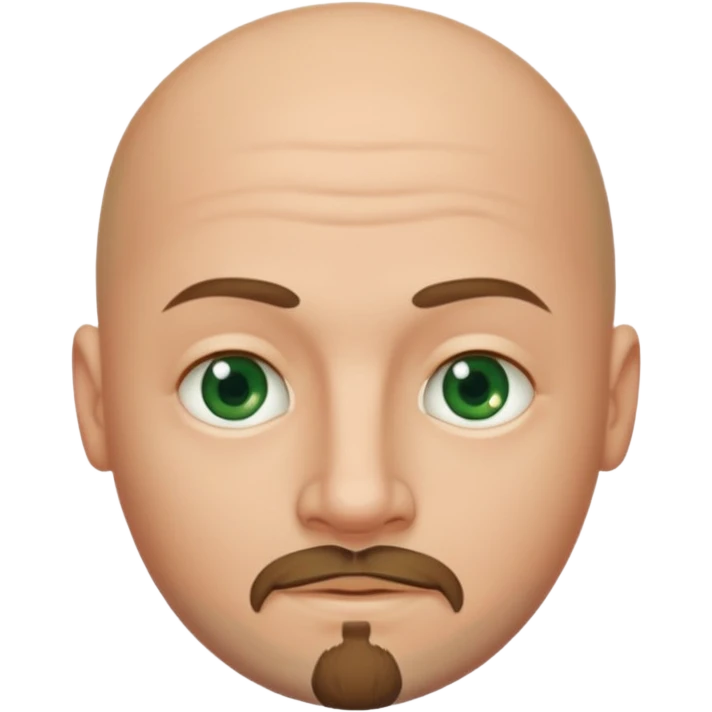 white caucasian bald man's face, with brown  round goatee and dark green eyes, oval face, rounded, big, little eyes a small smile emoji