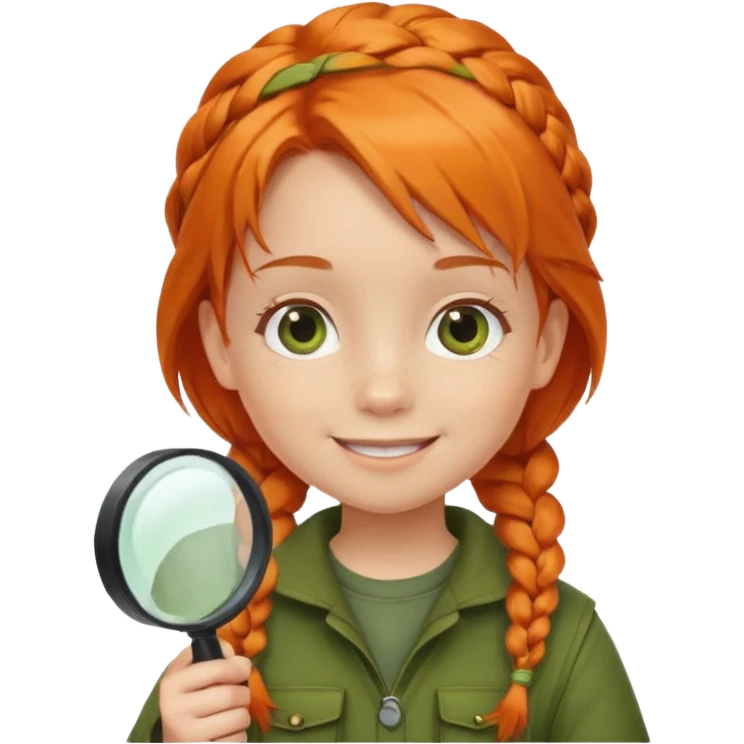 braid orange haired girl kid in moss green explorer outfit, holding magnifying glass, smile emoji
