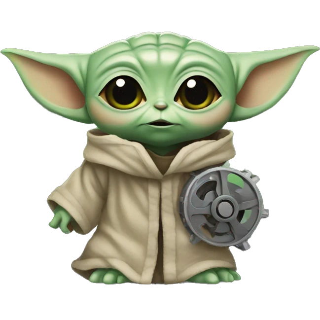 Baby Yoda with a scared face holding a gear emoji