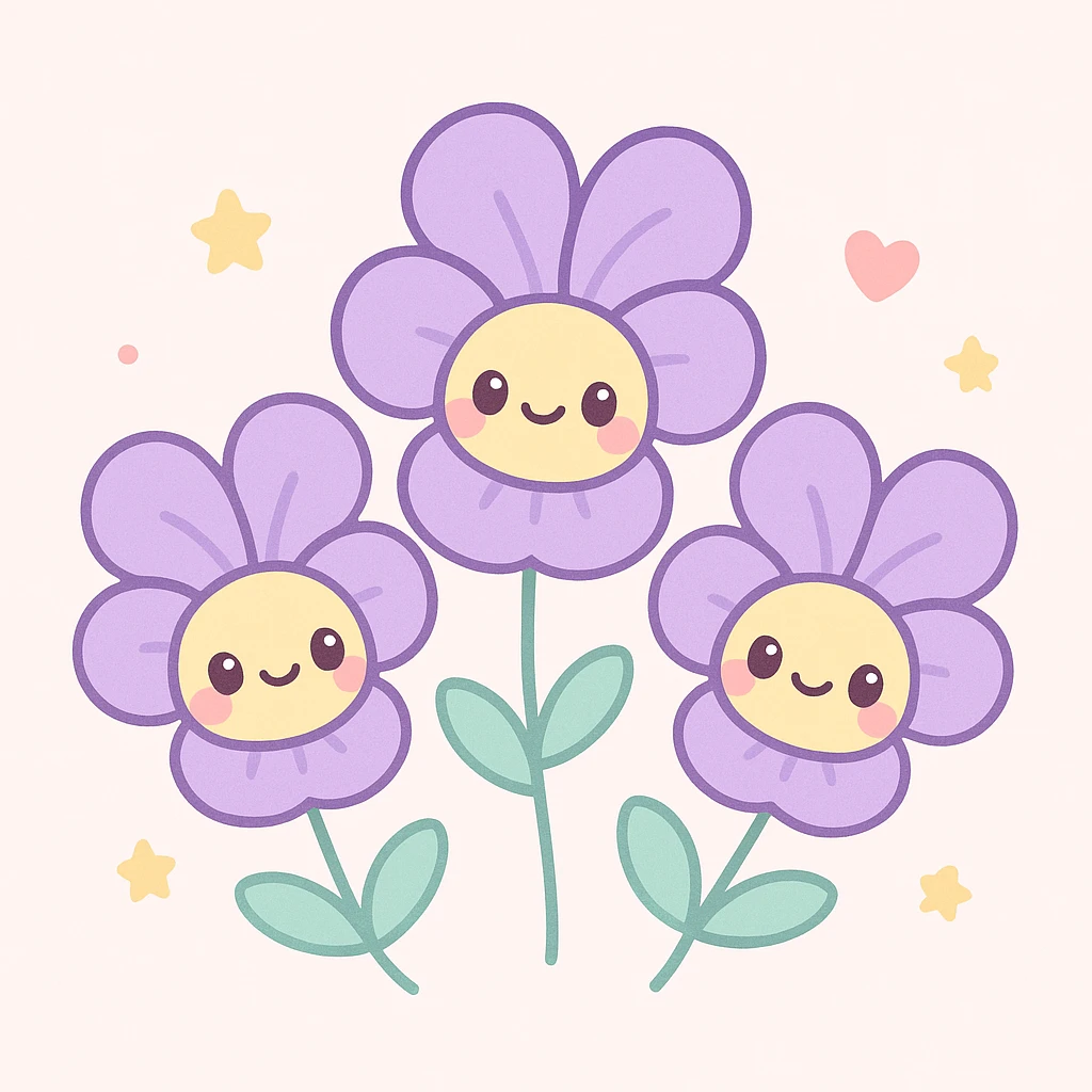three violets, kawaii cute cartoon style emoji