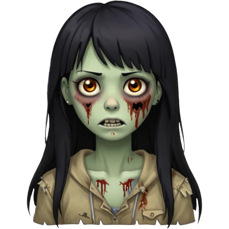Zombie woman with long black hair and bangs, a nose piercing, and brown eyes. emoji