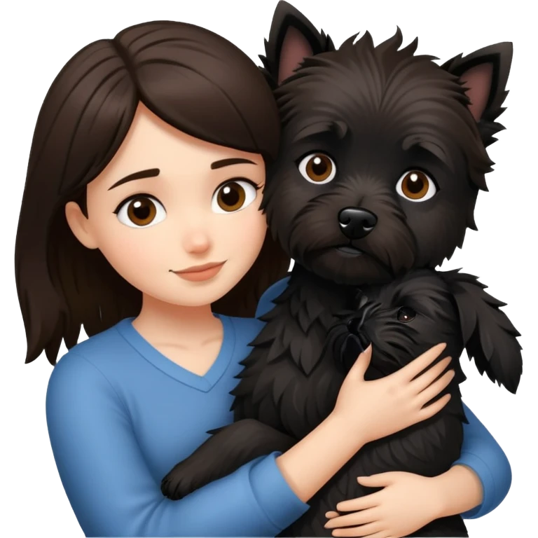 Brunette girl with black cairn terrier hugging emoji
