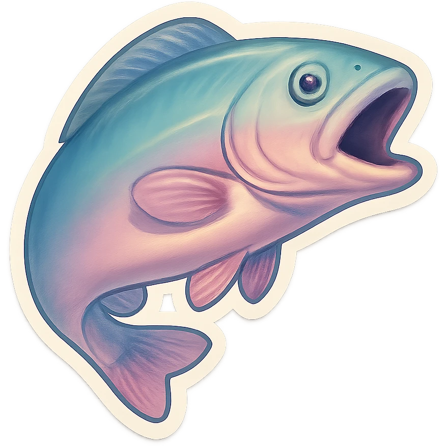 ordinary fish with open mouth, very detailed and finely drawn, thin clean contours, soft rounded shapes, pastel palette #98B5BC, #B5B3C1, #C9A3C9, #E4C0CA, #F7DCD1, #F7C0AA, complex shadows and highlights, soft lighting, transparent background, minimalism, not cute, no decoration emoji