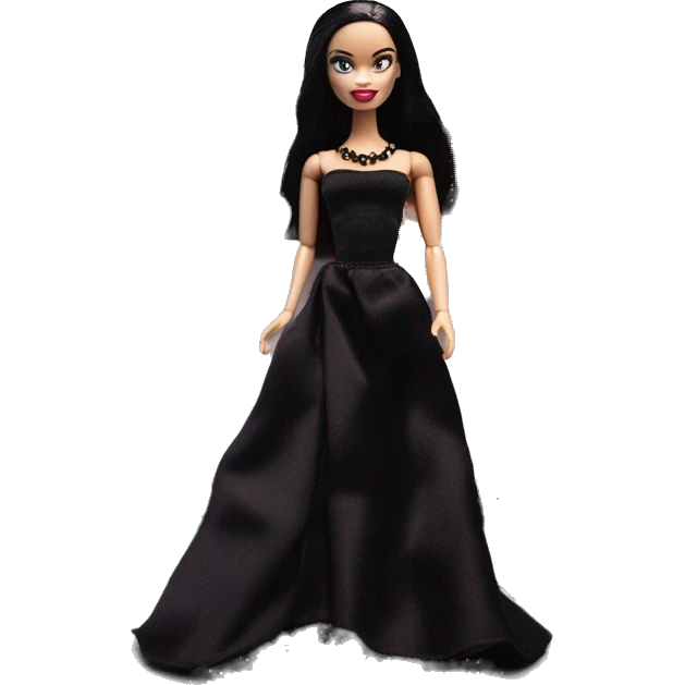 Wednesday Addams Barbie’s Food Truck.  Small very light skin face. Black eyeshadow. Earrings matching necklaces. Long silky raven hair. black flowing strapless tight evening gown neckline that’s off-the-shoulders shows her legs and black high heel arms up emoji