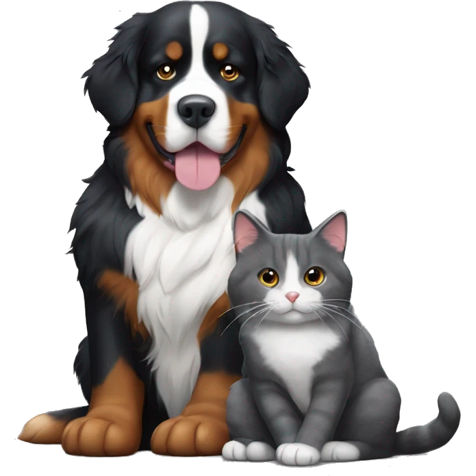 A Bernese Mountain Dog lies next to a dark gray cat emoji