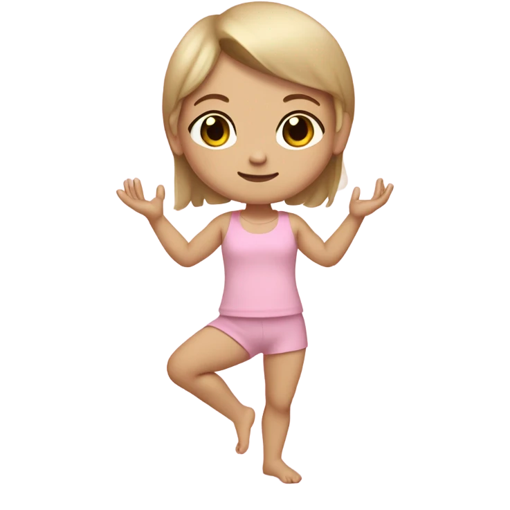 do a white skin little girl with dirty blond straight hair brown eyes and a cute baby pink outfit, full body arms legs and cute shoes doing yoga emoji